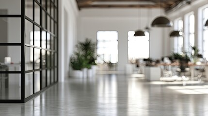 Fototapeta premium Modern open-plan office with glass partitions and natural light