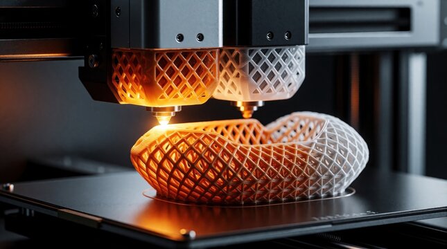 Dual head 3D printer builds intricate lattice object with two different filaments. Additive manufacturing builds complex prototypes and custom items, showing modern tech and innovation.