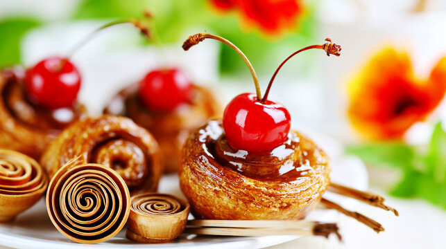 Fresh sweet pastries decorated with red cherries and glaze sweet food pastries