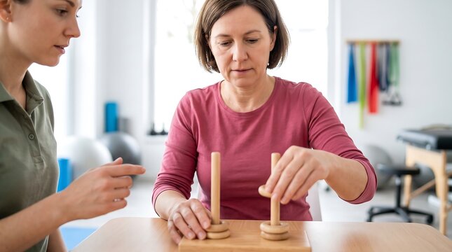 A physical therapist guides a middle-aged woman through a cognitive exercise using a wooden puzzle with rings.