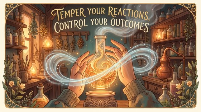 Alchemist's hands crafting magic potion in a mystical laboratory with swirling energy and wise quote