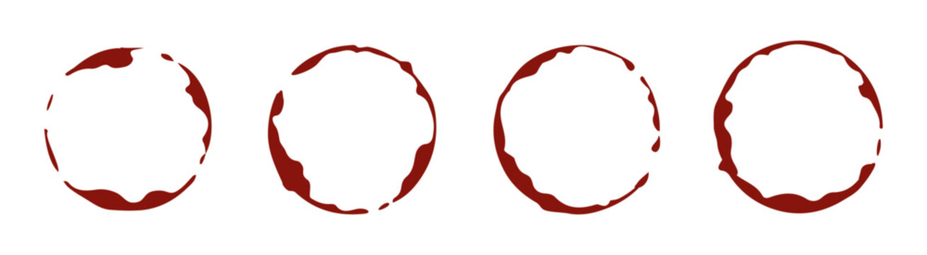 Red wine stains set, spilled drink liquid, circular rings with splashes
