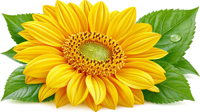 Bright yellow sunflower with green leaves isolated on white background
