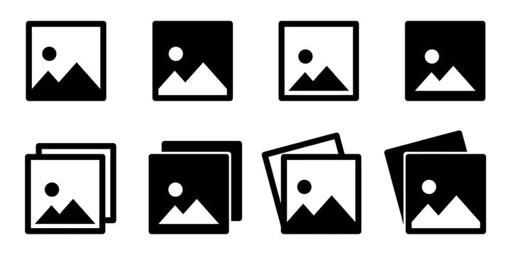 Image symbol, photo icons in outline and filled styles, gallery icon set, album sign, picture signs