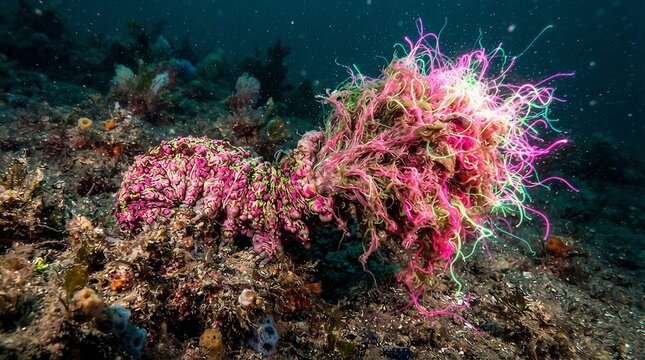 Bizarre sea cucumber animal covered in pink and green tentacles on coral reef seabed strange marine creature.
