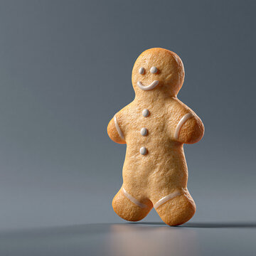 Gingerbread man cookie decorated with white icing standing on gray background