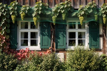 Naklejka premium Grapes ripen on vine covered by netting near windows of old house. Green shutters shade glass panes below leafy branches, autumnal plants surround base.
