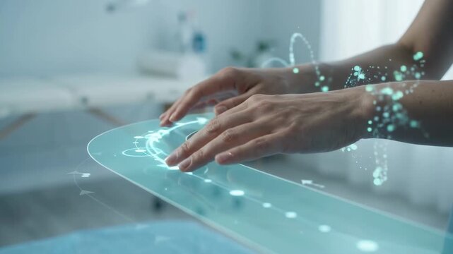 Hands interacting with futuristic holographic interface displaying data and navigation path