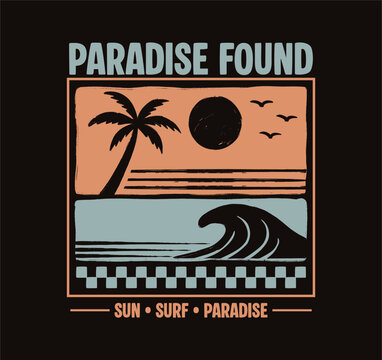 Vintage surf graphic with sunset, palm tree and ocean wave for summer apparel, beach posters and print designs