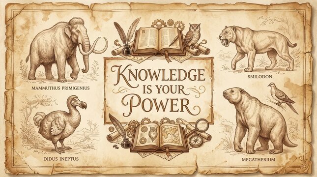 Ancient Knowledge and Extinct Creatures: Mammoths, Saber-Toothed Cats, Dodos, and Giant Sloths illustration