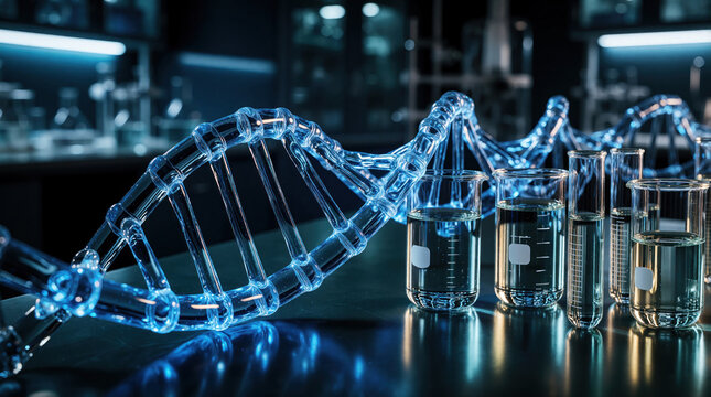 Blue glass dna model structures laboratory bench surface. Test tubes and science equipment surround molecular research samples. Chemistry study represents biology innovation.