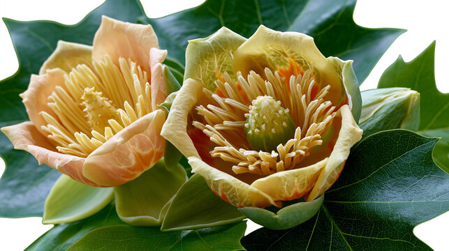 Yellow tulip tree flowers in full bloom surrounded by green leaves