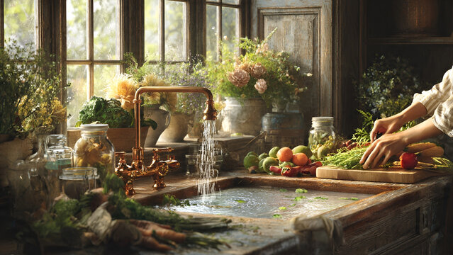 Rustic Farmhouse Kitchen Sink with Fresh Vegetables