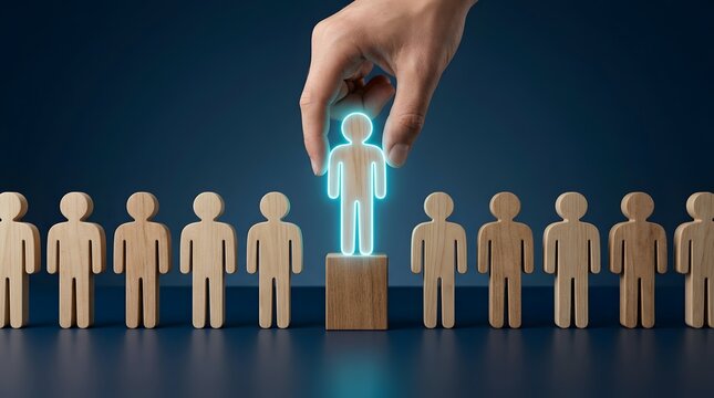 Talent selection and recruitment concept showing a standout wooden figure chosen from a group, symbolizing employee recognition, career advancement, leadership, and professional success