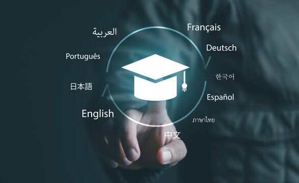Translation, online education, multilingual communication, international learning, and knowledge. Global education and language learning, featuring graduation cap and multiple languages.
