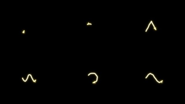 Golden Glowing Neon Hand Drawn Animated Arrows Pack with Curved, Zigzag, Circle, and Pointing Direction Symbols Motion Graphic Doodle Overlay on Black 4k video