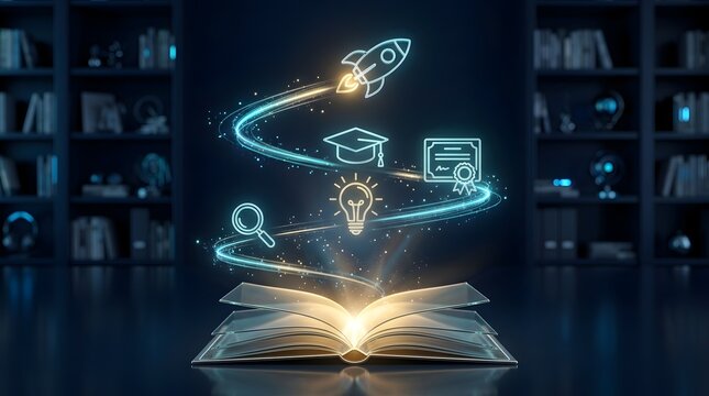 Digital education and learning innovation concept with a luminous open book, futuristic rocket, research symbol, graduation cap, and diploma representing future knowledge and career growth