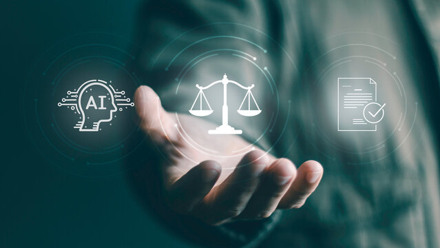 Law, Legal compliance, licensing, regulation, Digital ethics, governance, and responsible technology. Artificial intelligence and law concept. AI technology, legal scales, and verified documents.