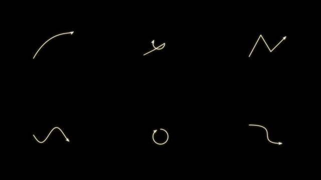 Glowing yellow curved and zigzag animated arrows set with a dark background - 4K video