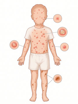 Medical illustration of chickenpox rash stages and skin lesions on child's body.