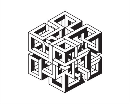 Black and white isometric illustration of an impossible geometric cube structure with complex interlocking frame design