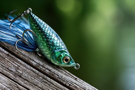 Green fishing lure bait with metallic scales and sharp hooks macro