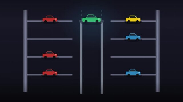 4K 60fps 2D Animation of Automated Smart Multilevel Stacked Car Parking System Concept in 16:9 Canvas