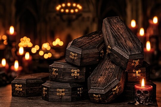 Wooden coffins and burning candles in spooky gothic crypt atmosphere