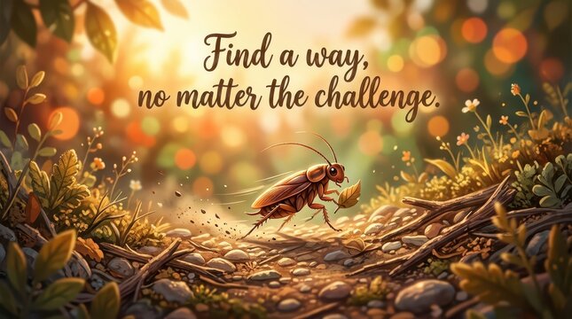 A determined cockroach journeys through a sun-drenched forest floor, symbolizing perseverance and overcoming challenges with a motivational quote.