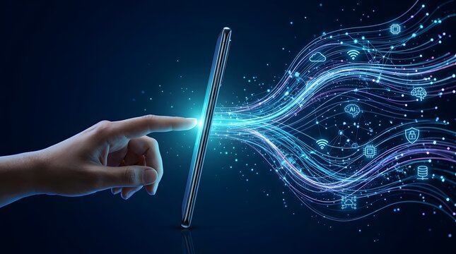 Digital business ecosystem concept with a smartphone connecting artificial intelligence, cloud computing, wireless networks, cybersecurity, data infrastructure, and global digital services