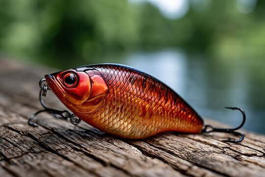 Fishing lure bait crankbait macro close up on weathered wooden dock
