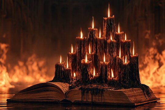 Burning candles on open book dark magic spell ritual mystery concept