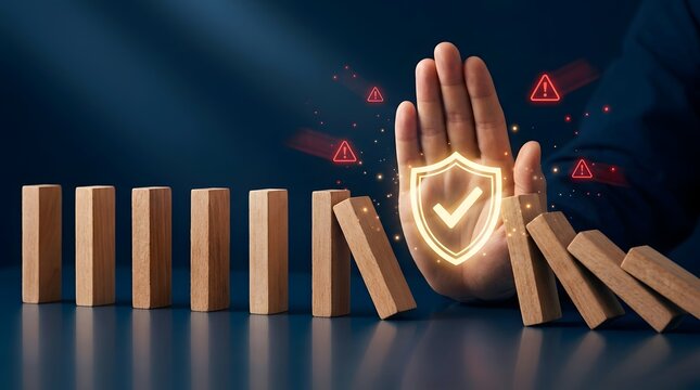 Corporate risk protection concept showing a powerful hand and glowing security shield preventing a domino effect, symbolizing corporate defense, risk mitigation, business security, and organizational 