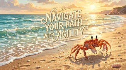 Obraz premium A determined crab navigates a sandy beach at sunset, with the inspirational phrase 'Navigate Your Path With Agility' overlayed.