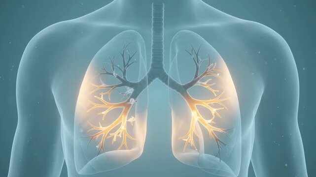 Animated human lungs and bronchial tree, medical visualization of respiratory system and airflow