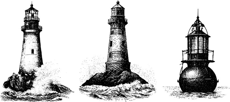 Vintage black and white lighthouse illustrations set of three isolated towers with waves and buoys for background and nautical poster design
