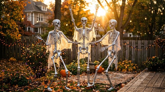 Three skeleton decorations in an autumn garden