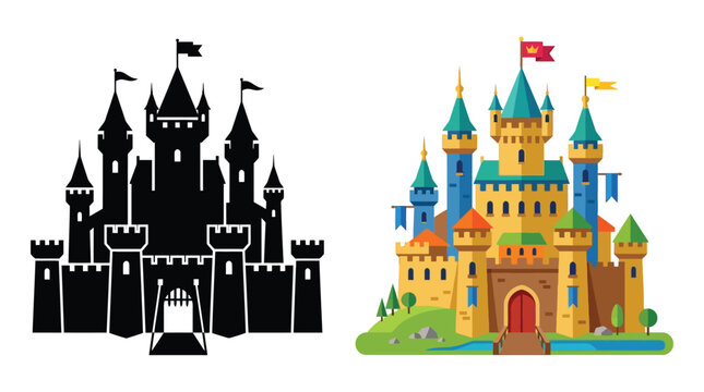 Medieval castle illustration and its black silhouette against a white background