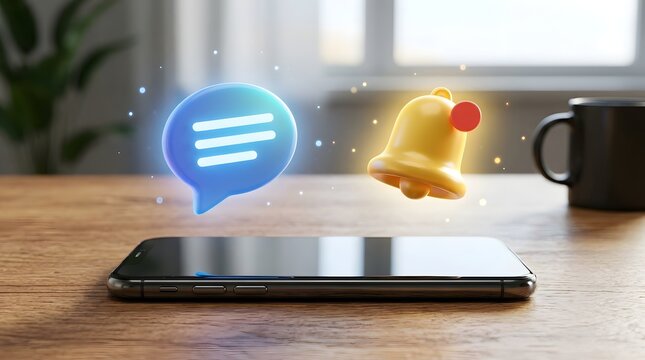 Modern smartphone with floating chat and notification icons, symbolizing digital communication, instant messaging, mobile connectivity, alerts, online interaction, and smart technology