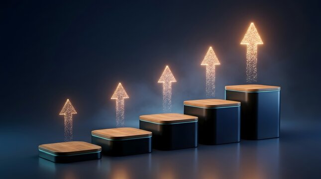 Industrial growth concept with ascending platforms and glowing upward arrows, symbolizing increasing production, operational development, business expansion, performance improvement, efficiency, and l