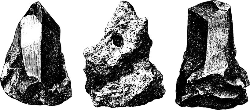 Set of three isolated black and white obsidian rock drawings in vintage engraved style for natural science background and design use