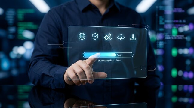 Business professional using a futuristic digital interface to manage a software update in progress, symbolizing technological modernization, system improvement, digital transformation, and operational