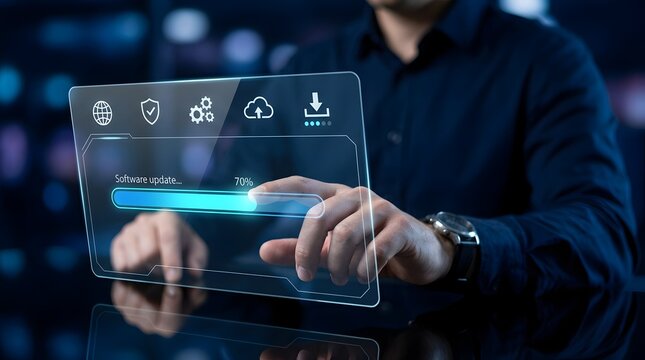 Futuristic software update interface showing a user interacting with a digital progress bar at 70 percent, representing system upgrades, cloud computing, cybersecurity, and modern technology