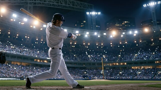Baseball player swinging bat during night game in illuminated stadium with cheering crowd below