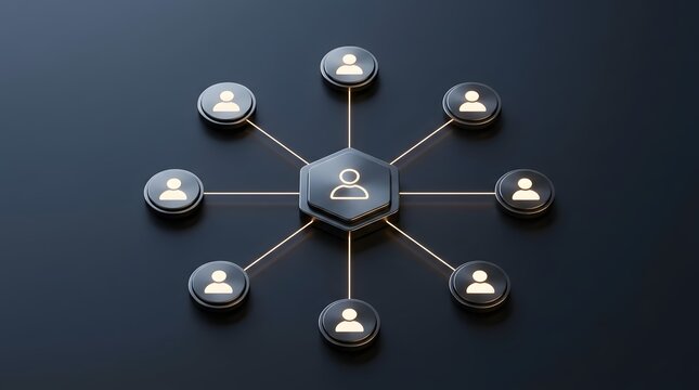 Centralized business network connecting multiple people through a structured digital hub, symbolizing organizational leadership, collaboration, communication, networking, and coordinated management