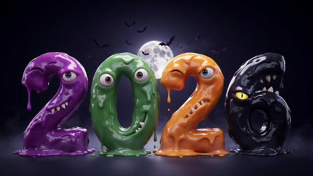 Funny monster style 2026 new year numbers with slime texture and creepy eyes