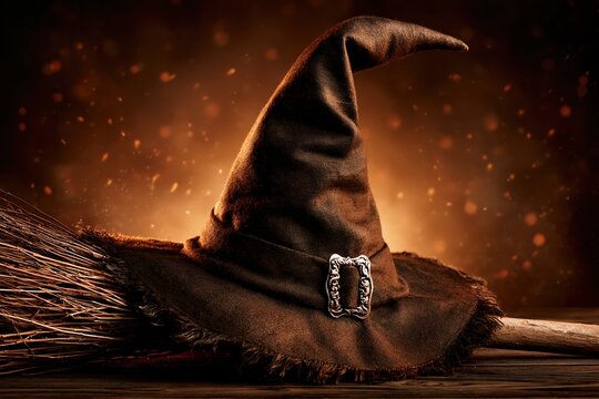 Witch hat and broomstick Halloween spooky magic background design
