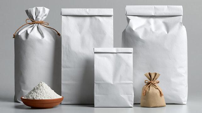 Assorted white paper and burlap bags of flour with bowls on table
