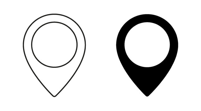 Location pin marker icon, black map marker for GPS navigation apps geotag pointer. Destination point sign. Place and local position. Navigation and mapping symbol in outline and solid style