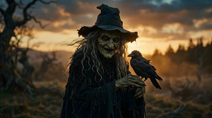 Obraz premium Witch holding a black crow at sunset